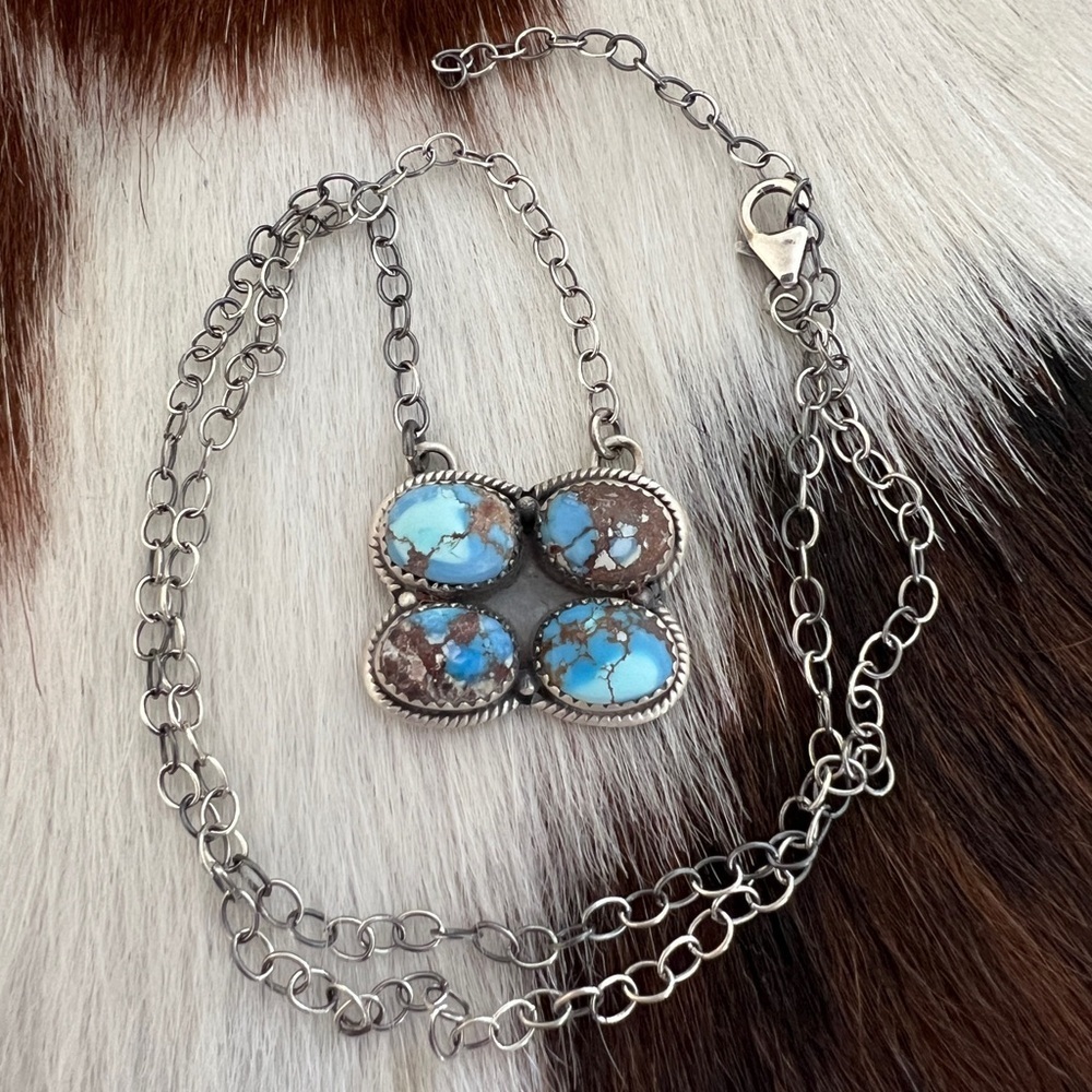 ❤️ Premium Golden Hills Turquoise Navajo Style Matte Sterling Pendant Necklace - Picture 3 of 13
